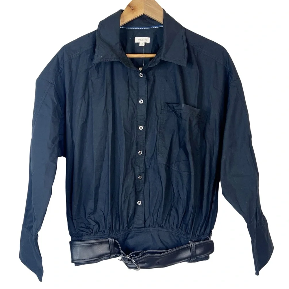 NWT Anthropologie Pilcro Black Long-Sleeve Belt-Waist Blouse - Picture 2 of 13